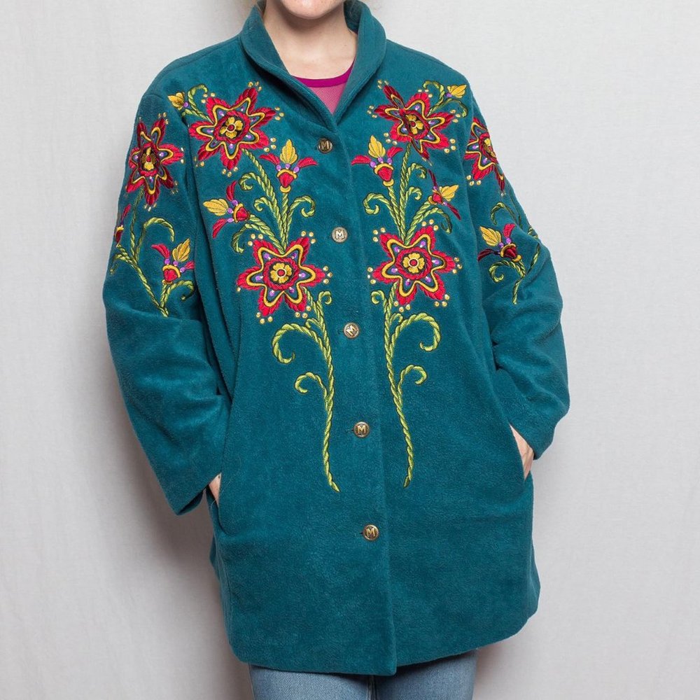 Vintage 90s Bob Mackie Wearable Art Jacket, Green with Embroidered Flowers